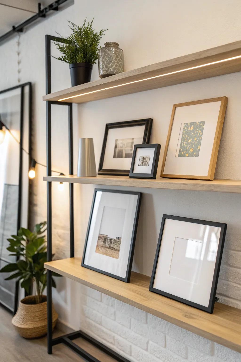 Minimalist picture shelf with select frames for a modern look.
