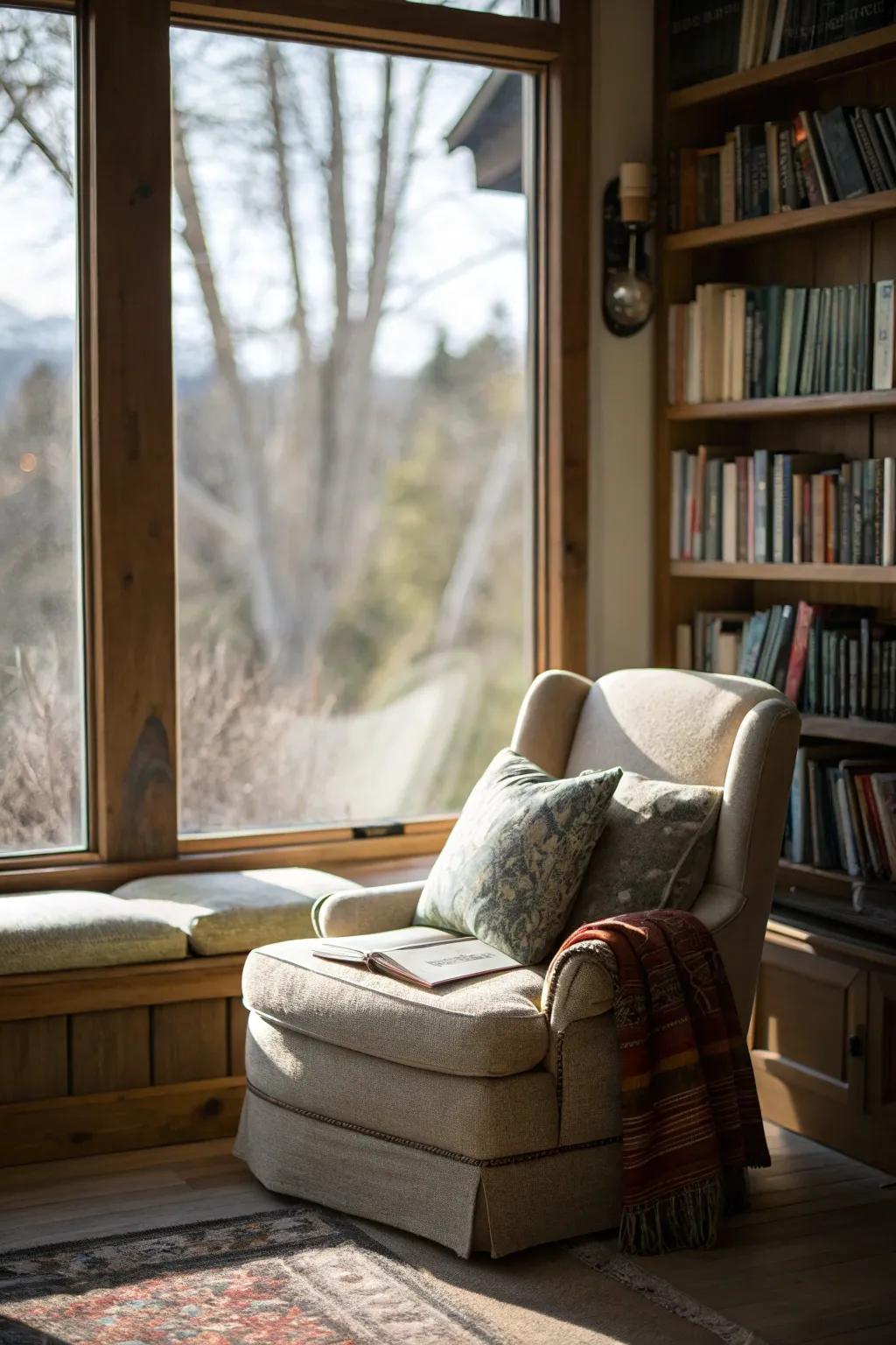 An inviting reading nook with plush cushions by a picture window, creating an ideal relaxation spot.