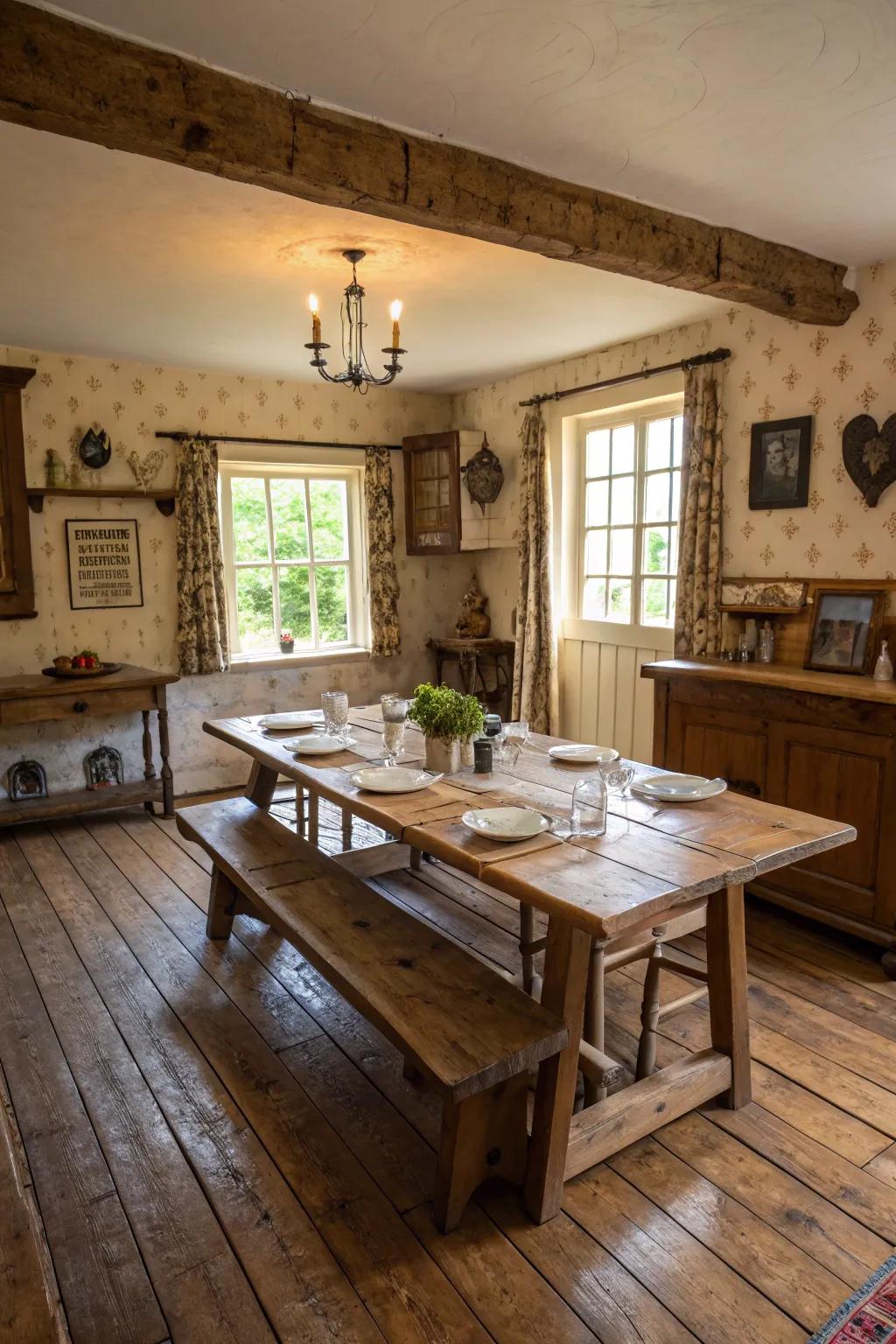 Country timber floors infuse dining areas with a hint of tradition.