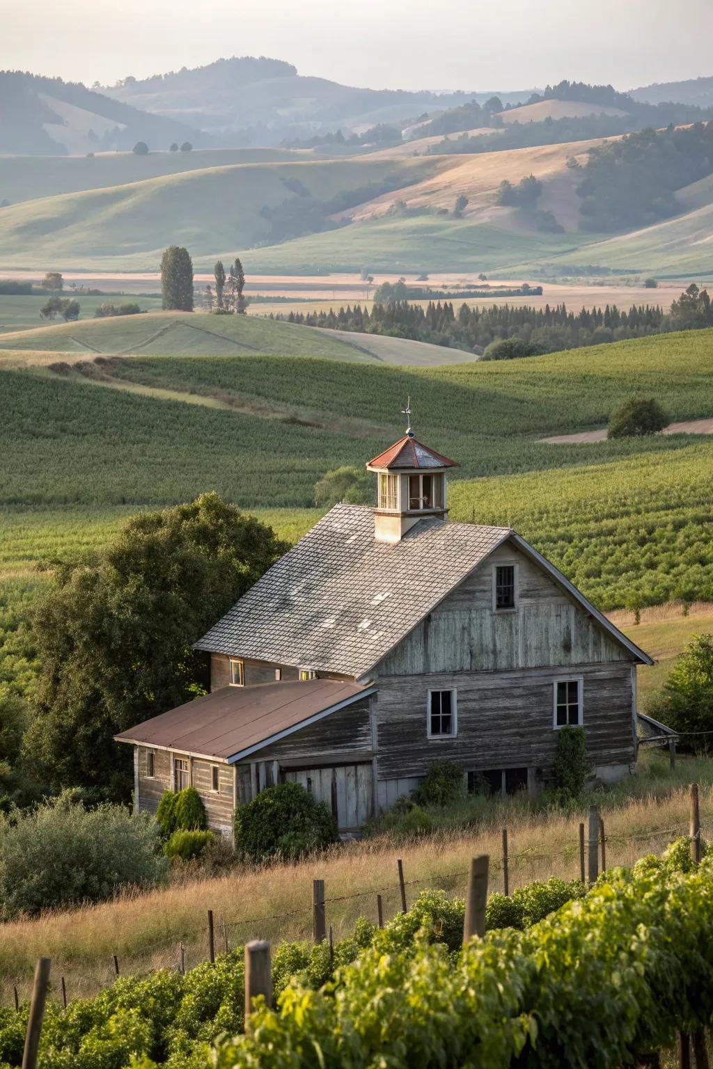 A rustic farmhouse complemented by a functional louvered cupola.