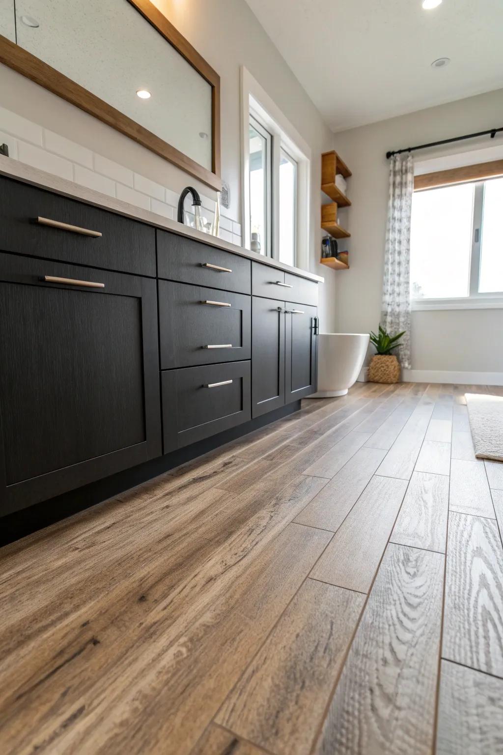 Produce visual drama with contrasting cabinetry that raises your restroom style. 🌟 #BathroomDesign #HomeDecor