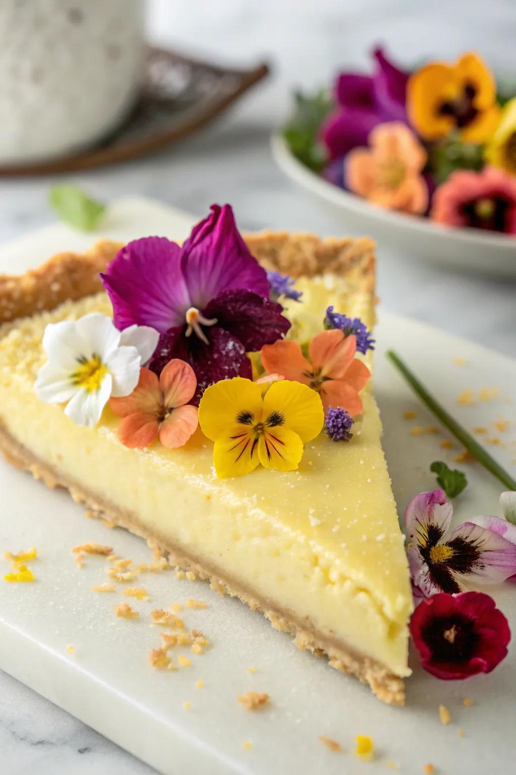 A pie slice beautifully decorated with vibrant edible flowers.