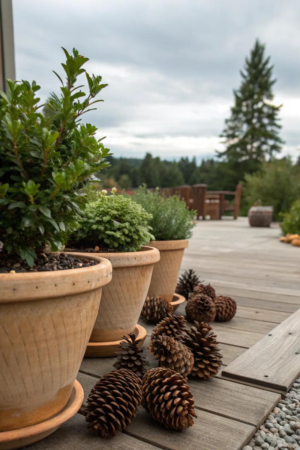 Pinecone mulch helps retain moisture in potted plants for longer periods.