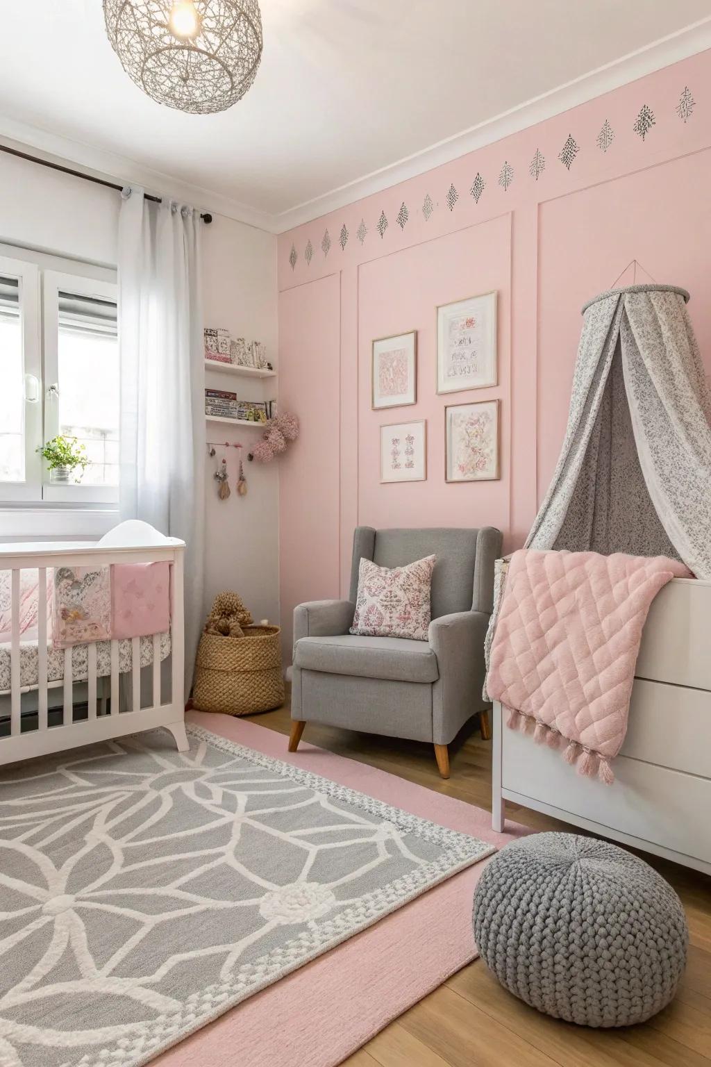 A nursery design that masterfully combines delicate pink with soft gray for a sophisticated style.