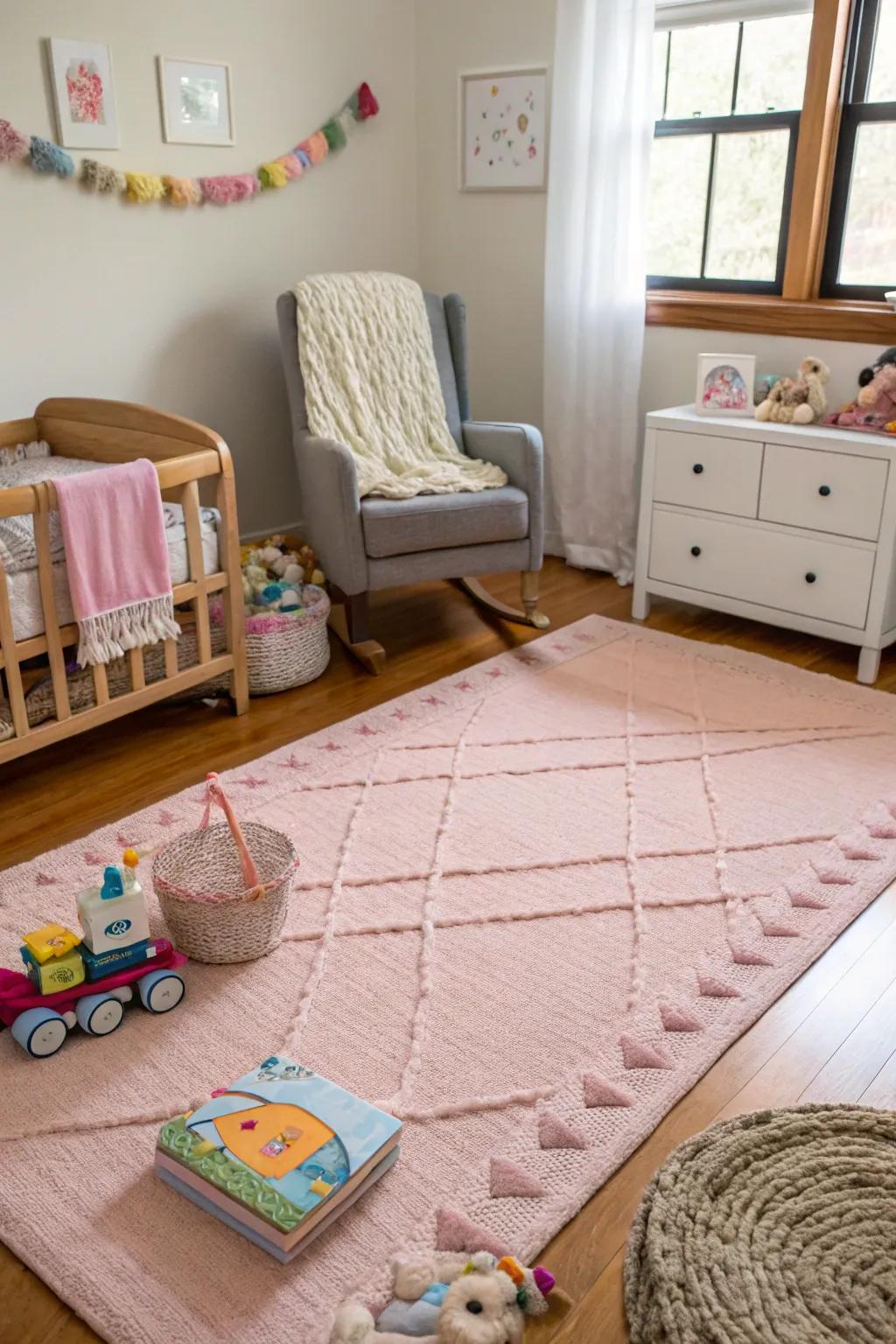 A sumptuous pink rug brings elegance and comfort to the nursery floor.
