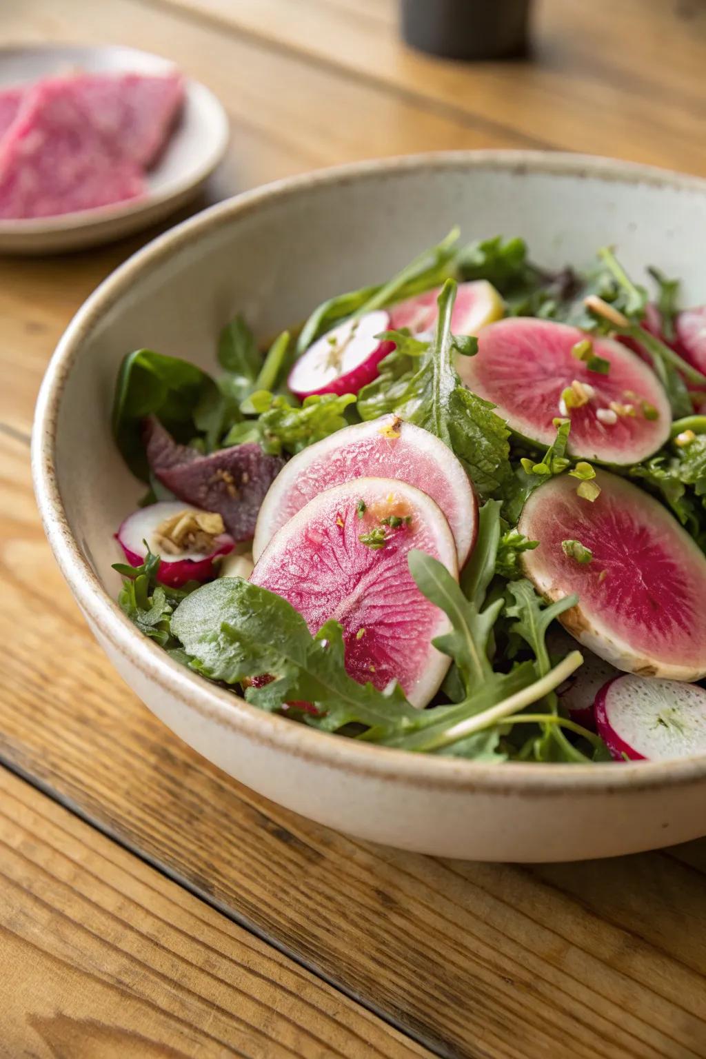 A watermelon radish salad brings a cheerful splash of pink to your table.