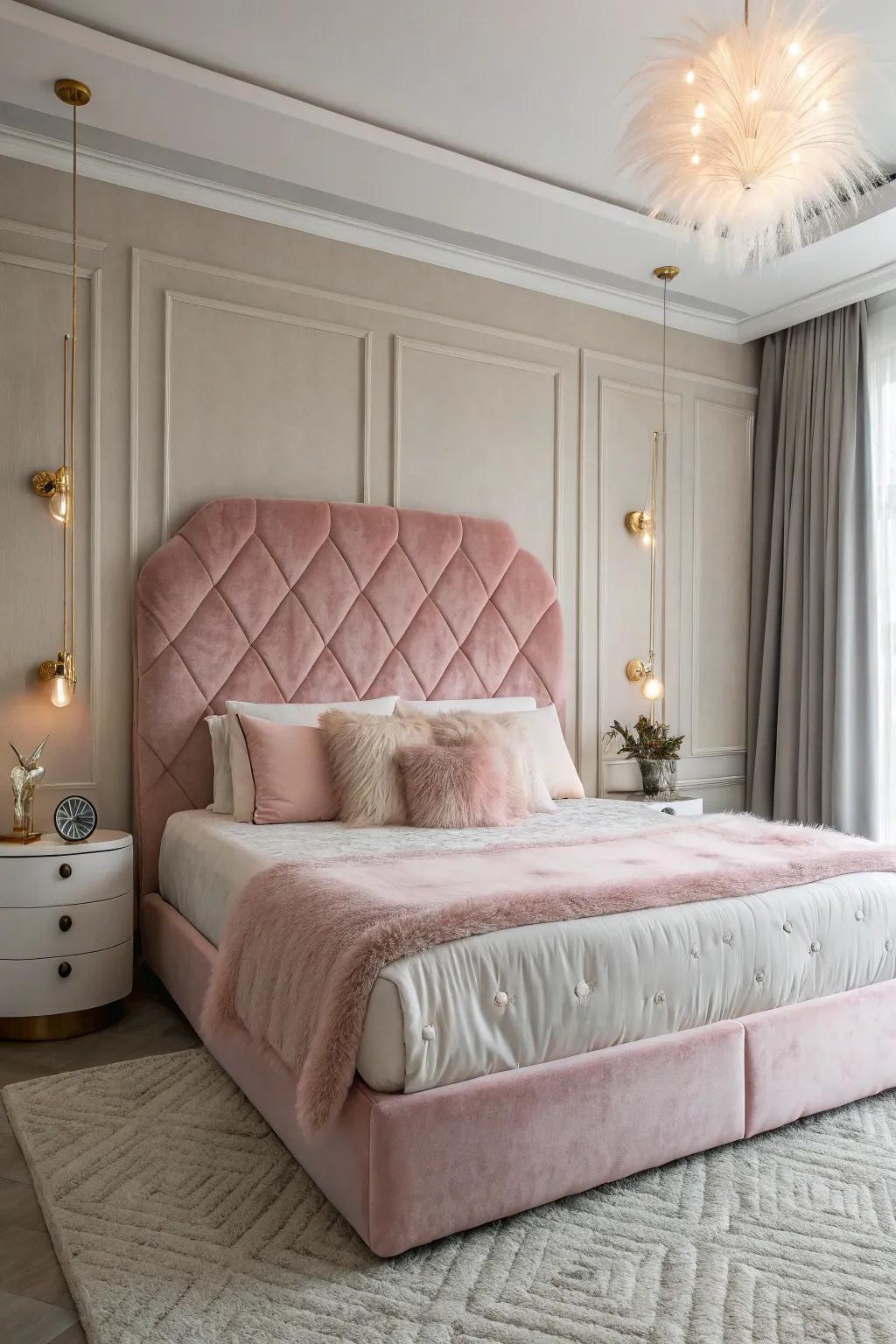 A playful and cozy bedroom with a pink faux fur headboard.