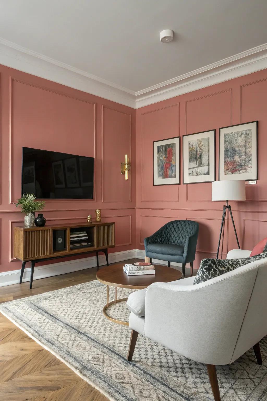 Pink wainscoting adds depth and character to the room.