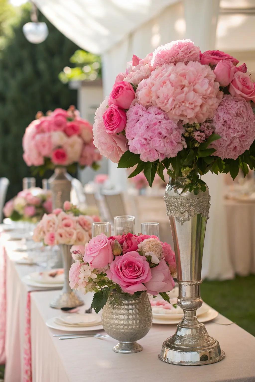 Pink floral decorations contribute energy and class to the party's design.