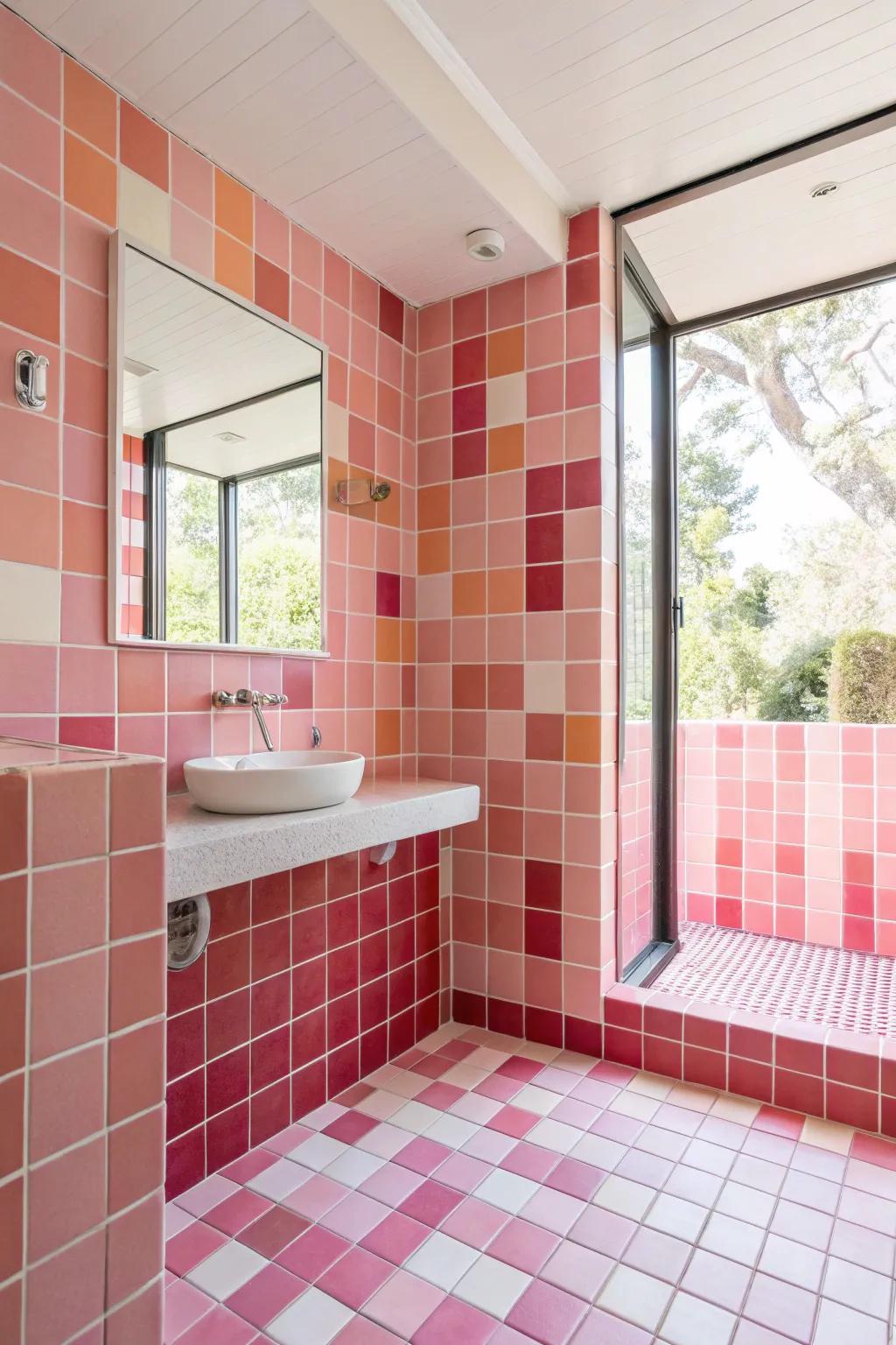 A bathroom displaying a diverse array of rose-tinted tile shades.