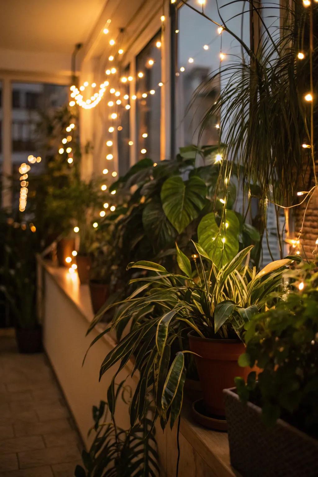 String lights create a magical plant corner.