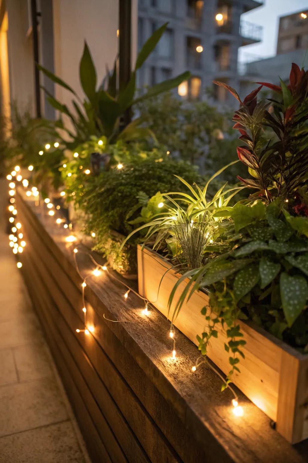 Subtle lighting conjures a snug and welcoming ambiance on this plant ledge.