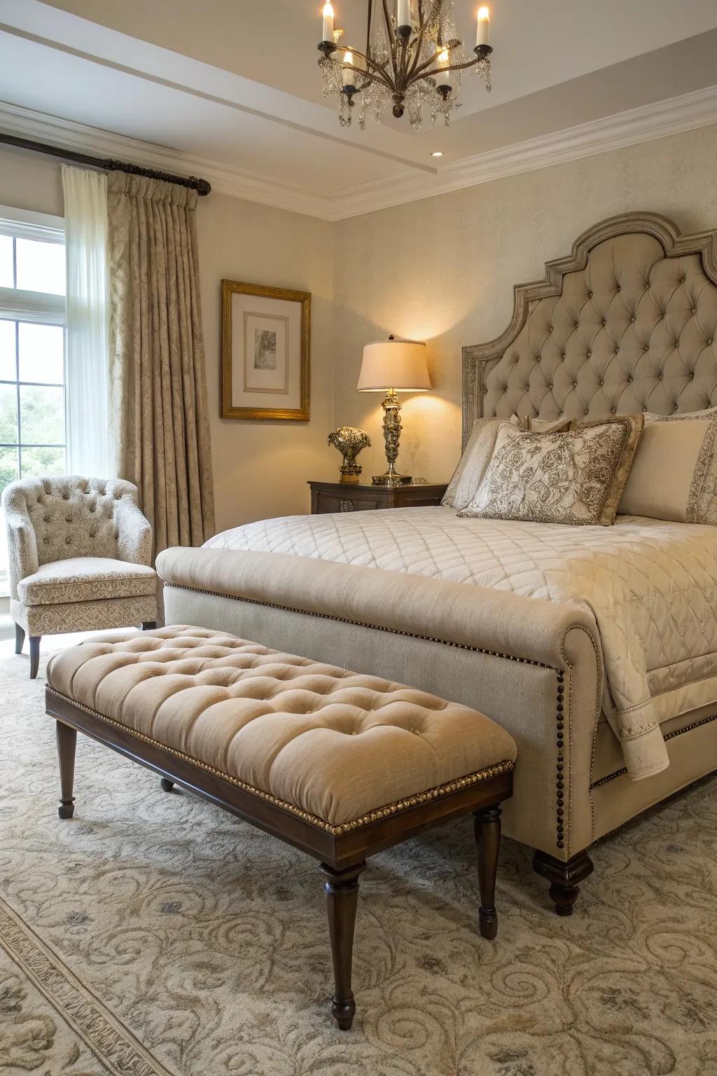 Sophisticated furniture elevates the elegance of a plush bedroom.