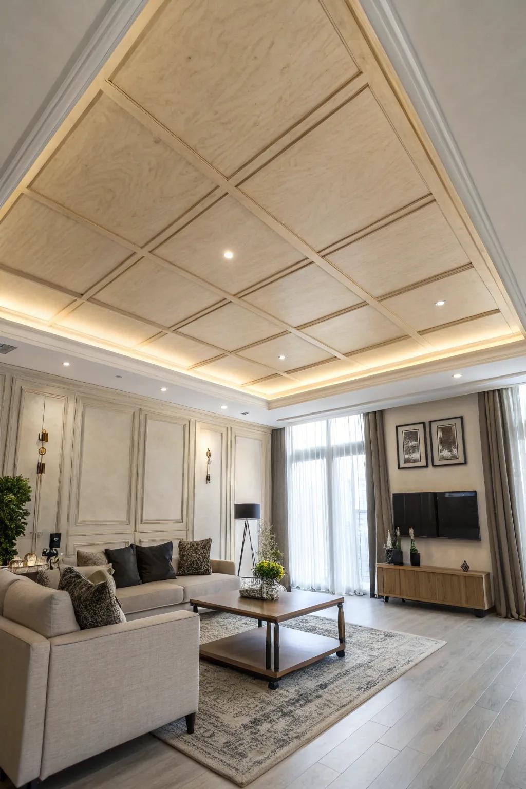 A straightforward yet refined plywood ceiling that complements a contemporary aesthetic.