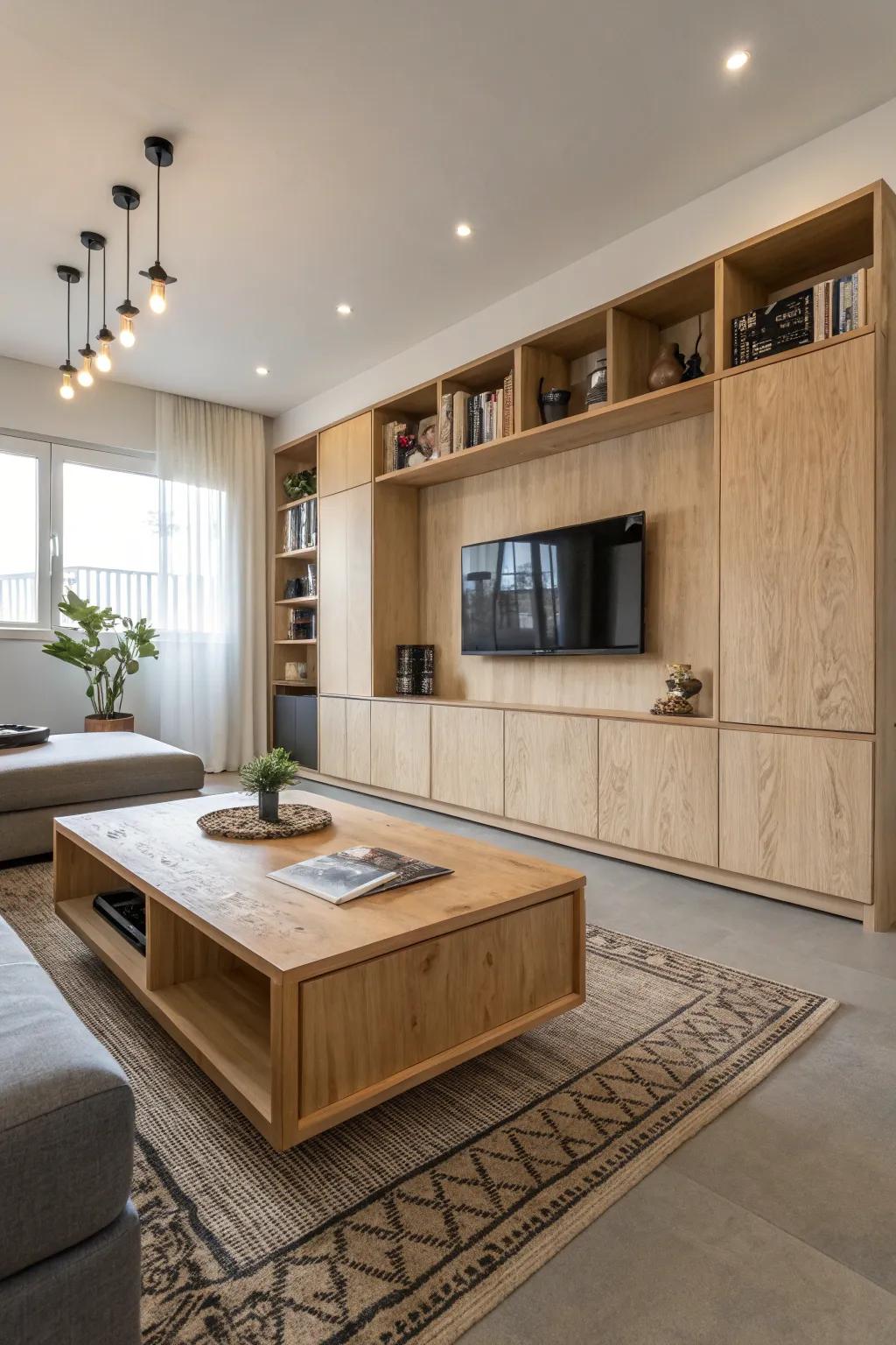 Laminated wood furniture creates a luxurious appearance in this living room.