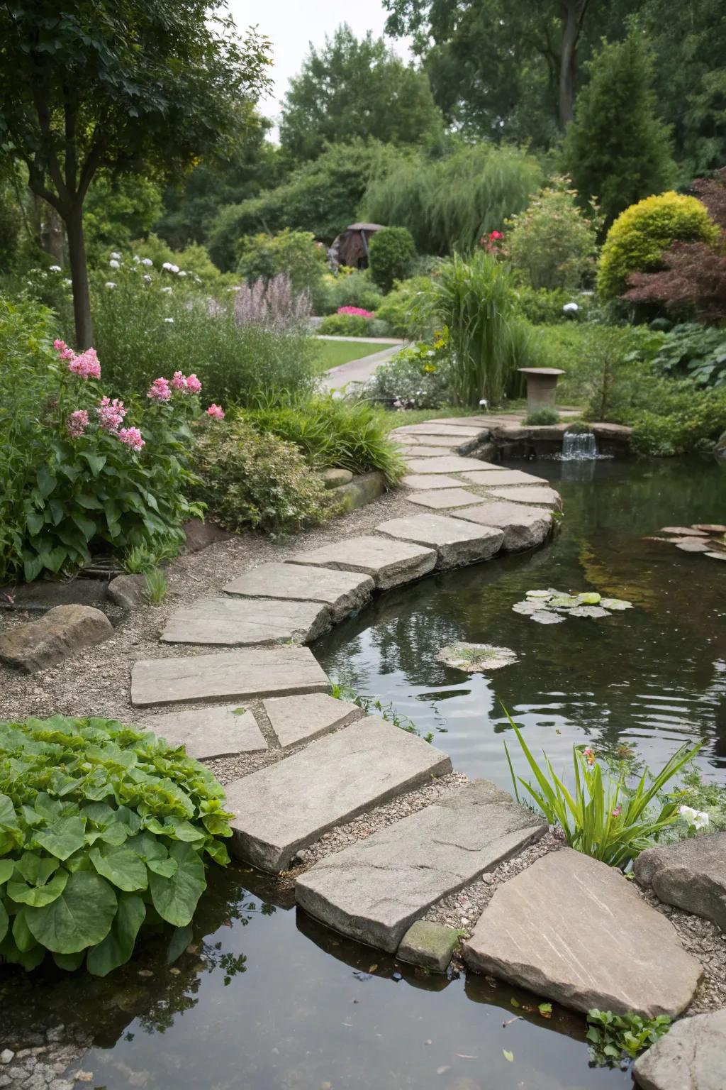 Stone paths leading to a picturesque backyard pond.