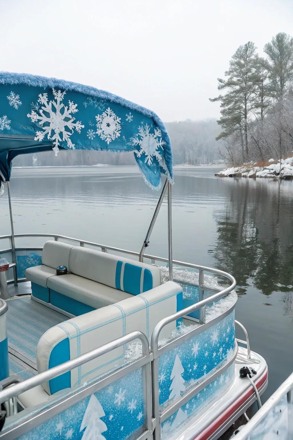 A winter-themed pontoon with shimmering snowflakes.