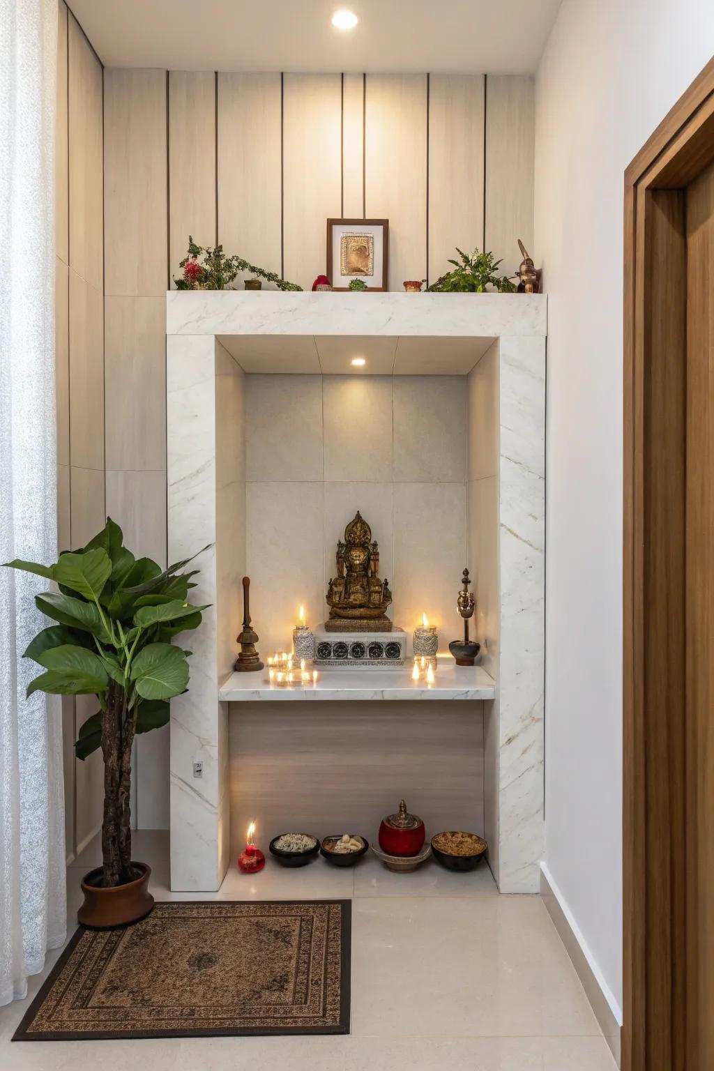 Even though it is small, this pooja corner is functional and maximizes the restricted space.