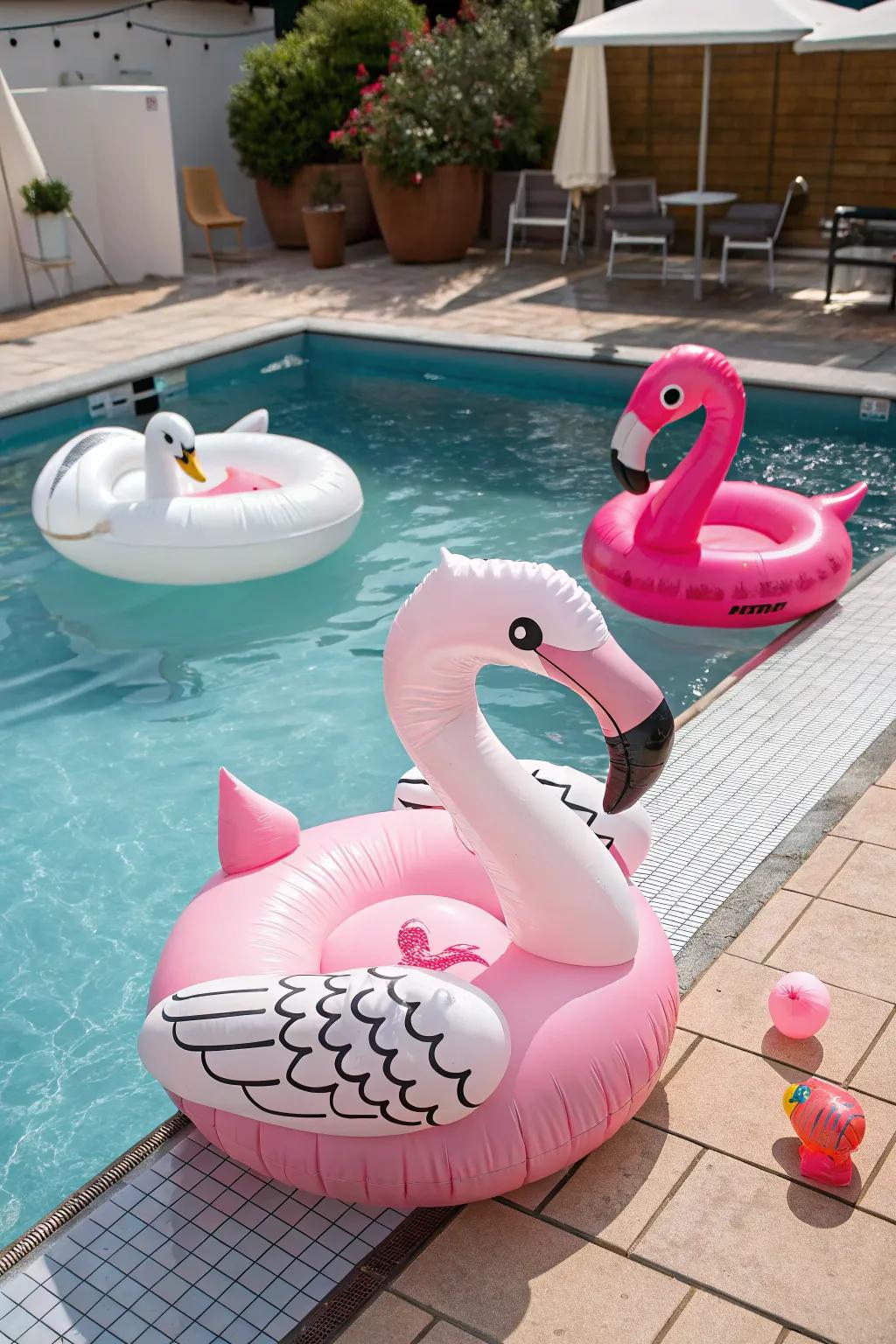 Inflatables contribute a playful element to pool parties.