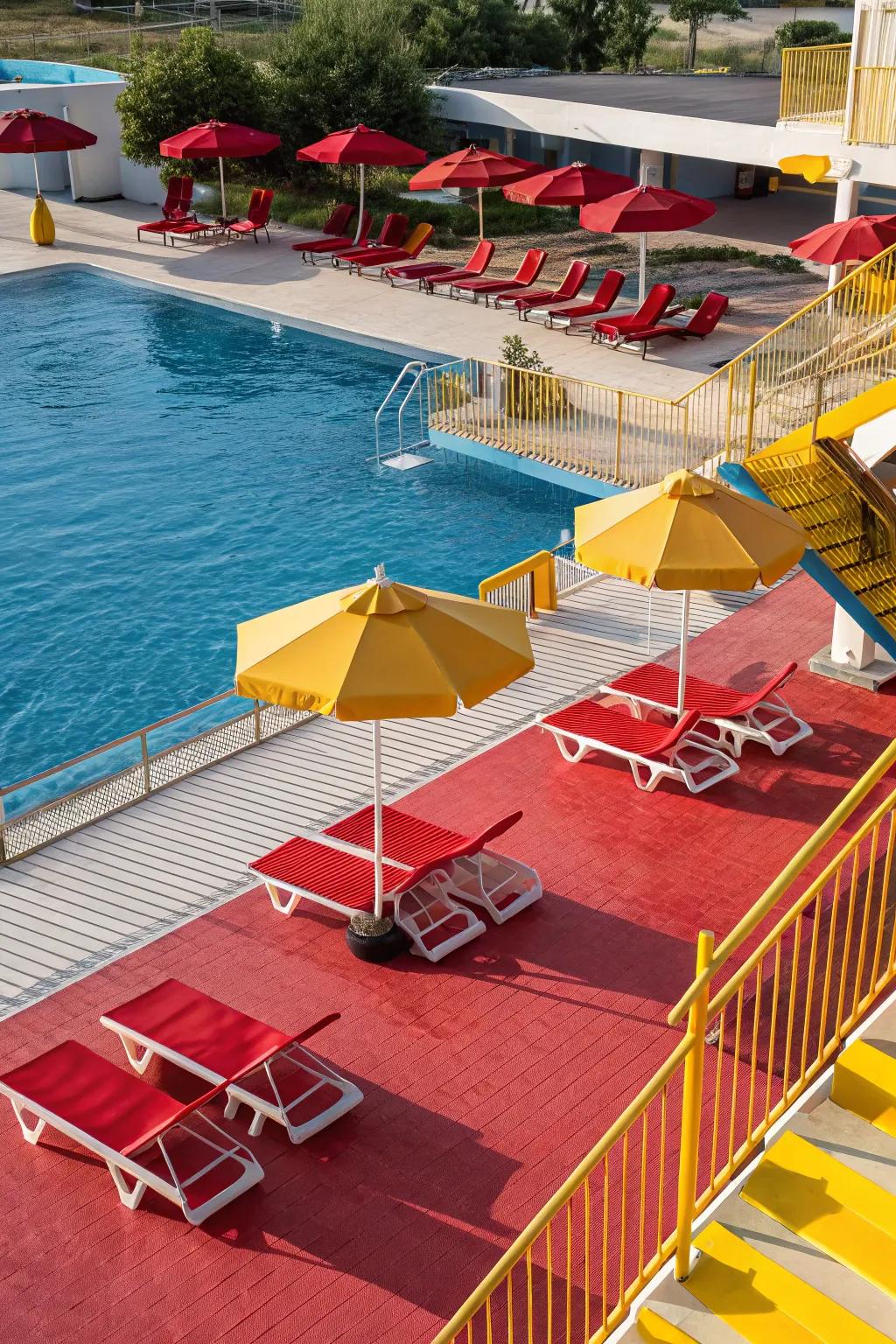 Bold colors create a dynamic, lively poolside.