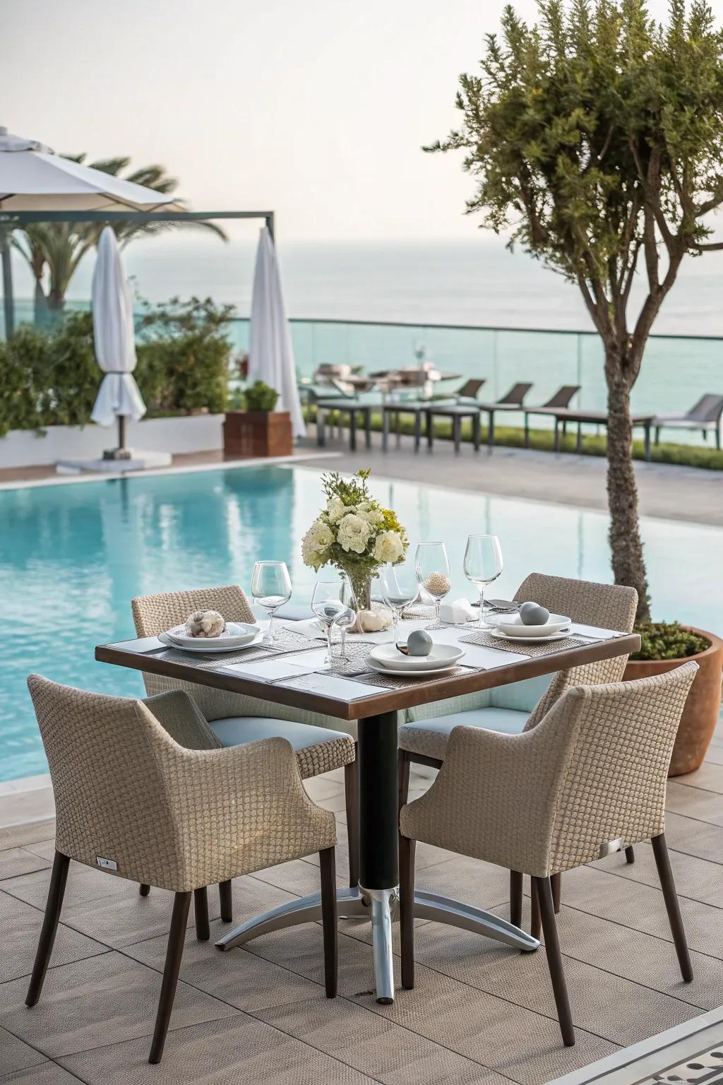 Enjoy dining outdoors with an elegant poolside dining set.