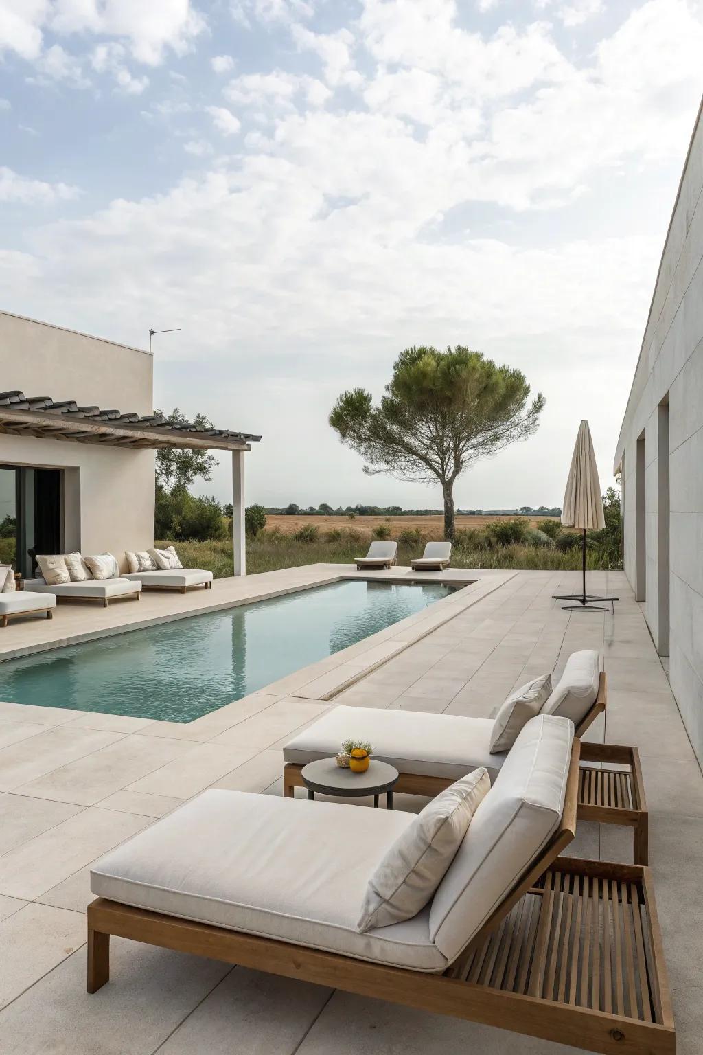 Attain elegant simplicity with a minimalist pool deck design.