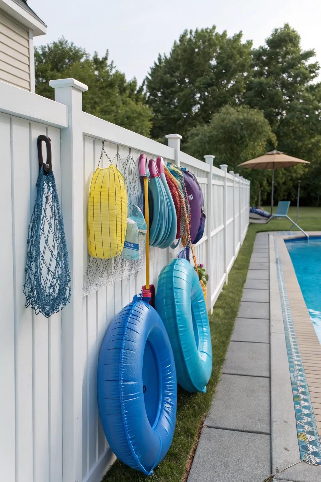 Fence adorned with hooks and nets for convenient pool float storage.