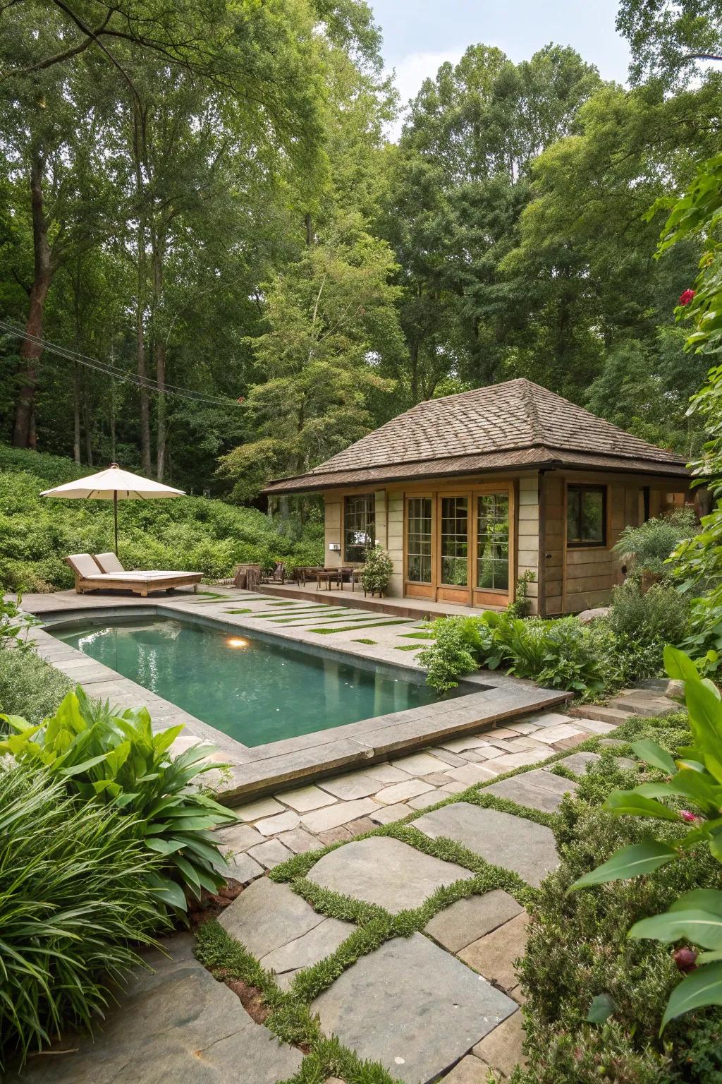 A pool house beautifully intertwined with lush greenery.