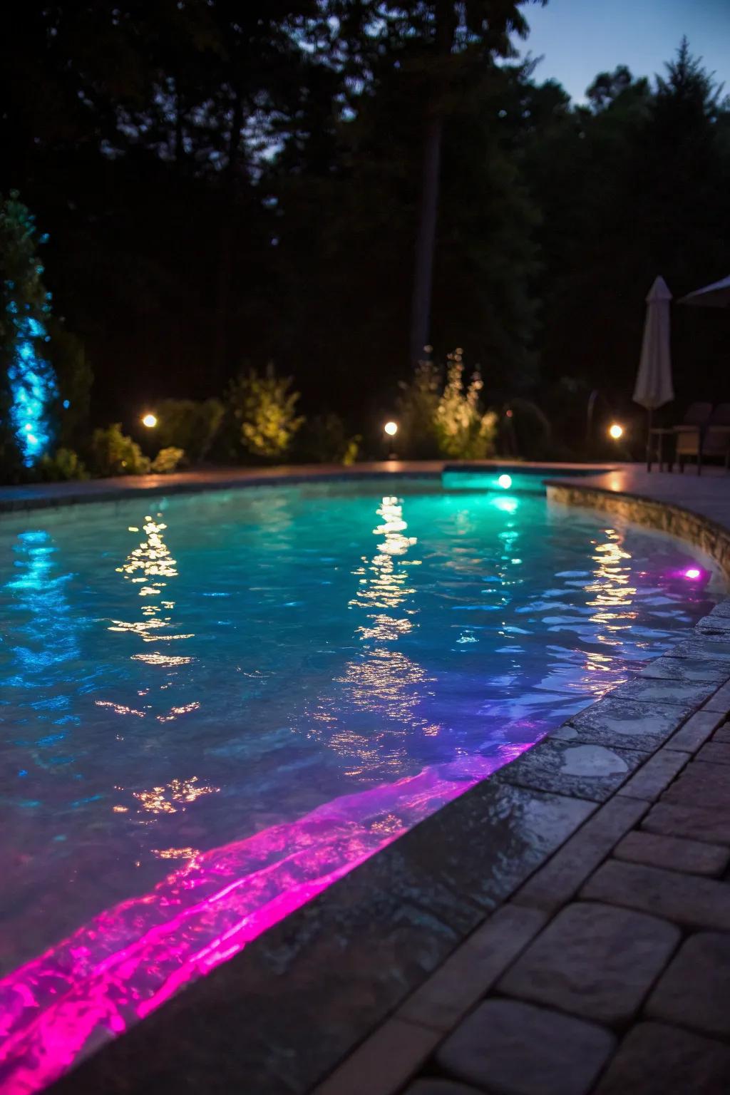 A pool sparkling with vivid LED lights, creating a magical setting for an evening swim.