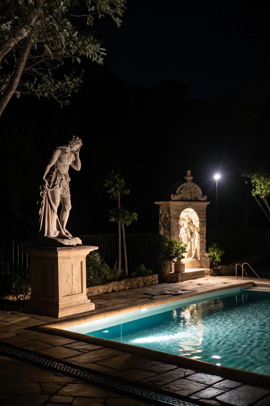 Spotlights convert features into nighttime artwork.