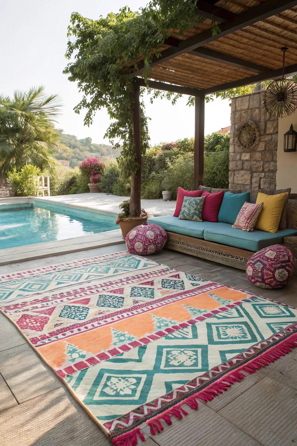 Introduce a burst of color and style to your pool patio with a striking outdoor floor covering.