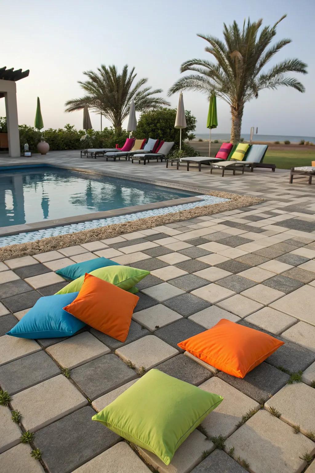 Geometric designs contribute a spirited element to your pool deck.
