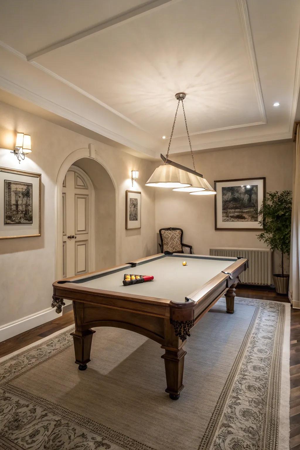 Neutral colors grant a smaller billiard table room a roomy and airy feel.