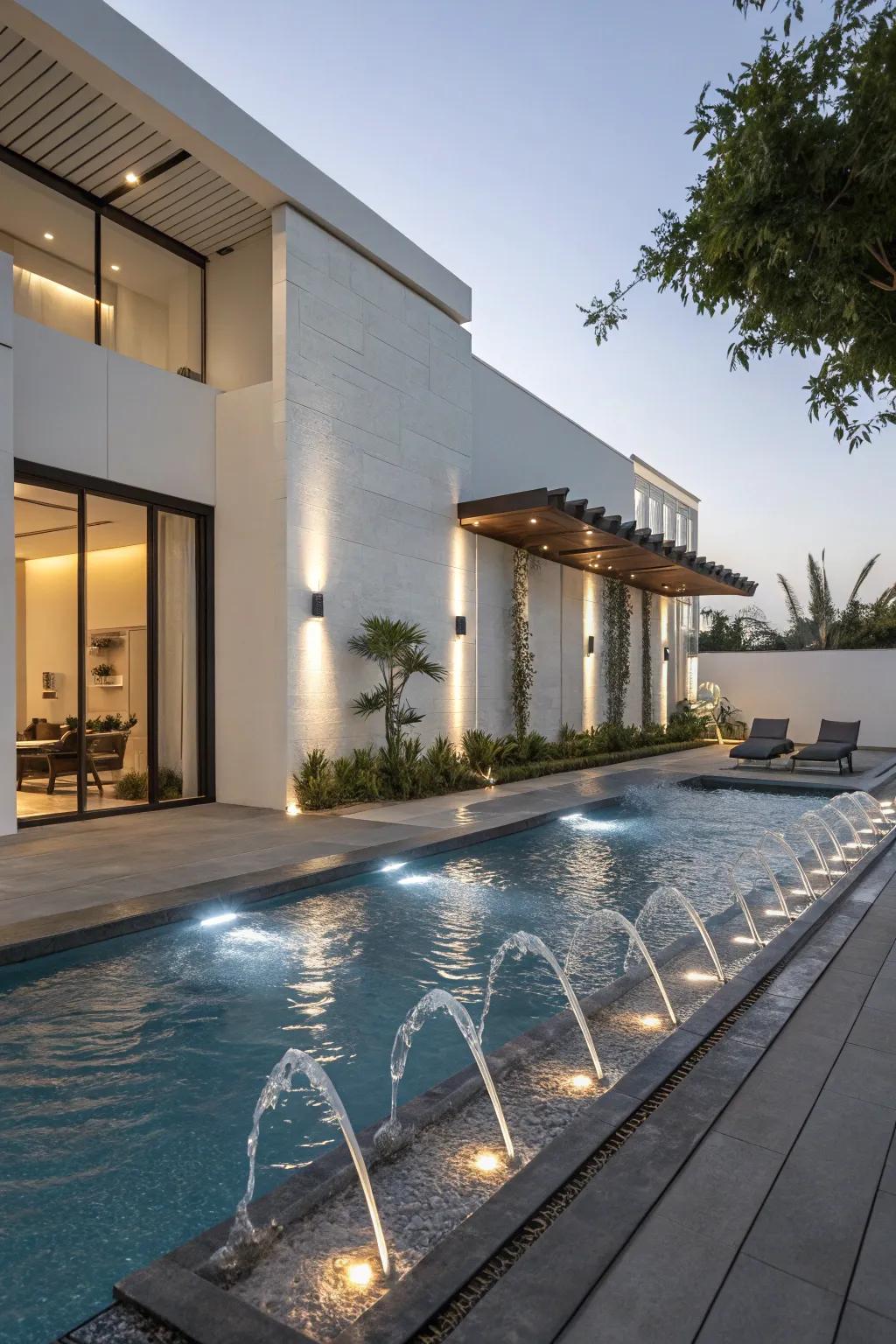 Modern water spouts provide a sleek and illuminated pool experience.