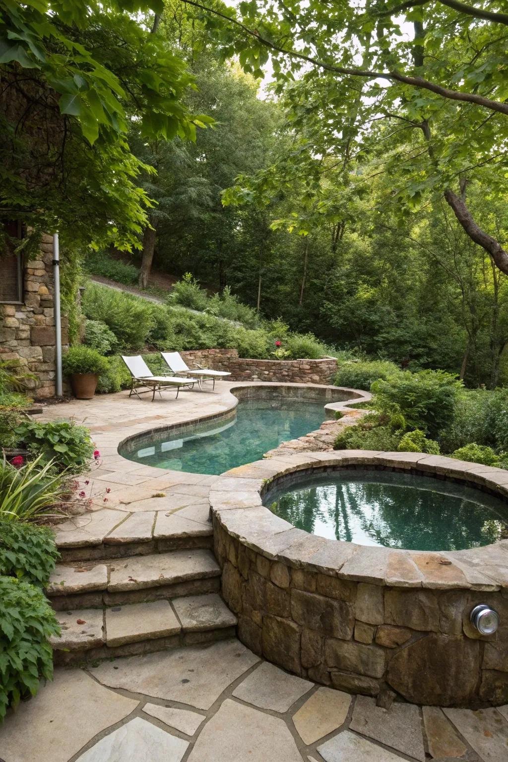 Native stone establishes a natural, earthy atmosphere around your pool and hot tub.