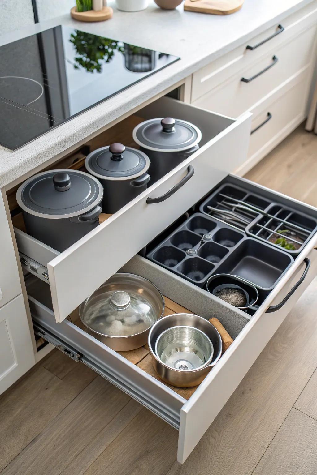 Customizable dividers in deep drawers keep your cookware neatly organized.