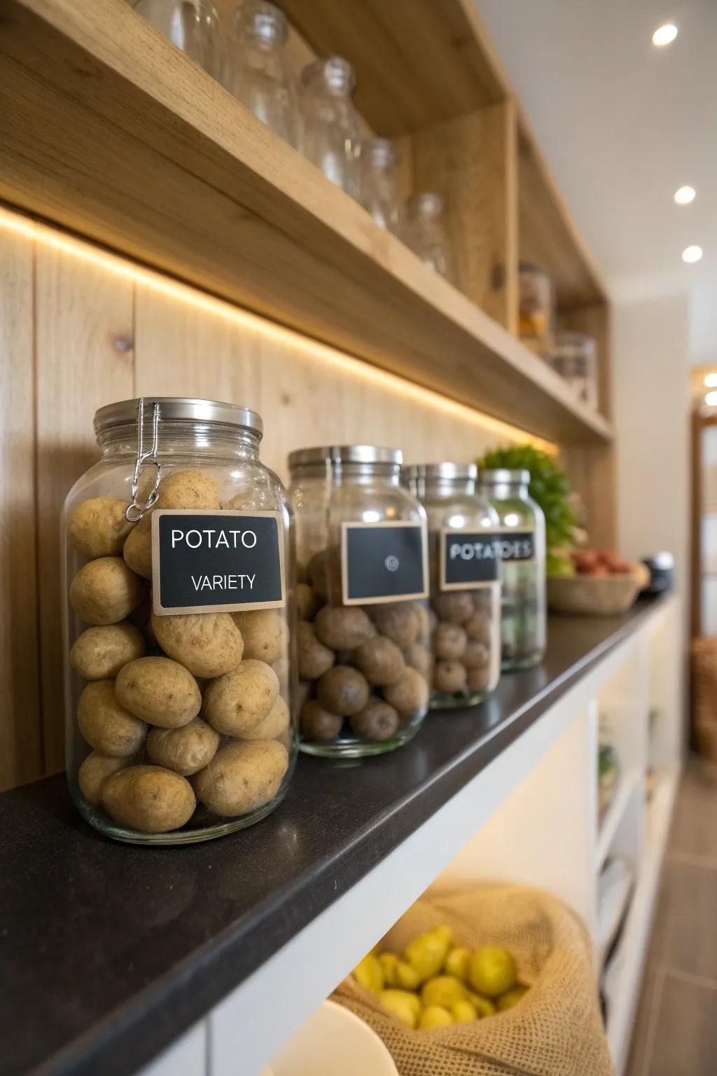 Slate labels add a personal touch to potato storage.
