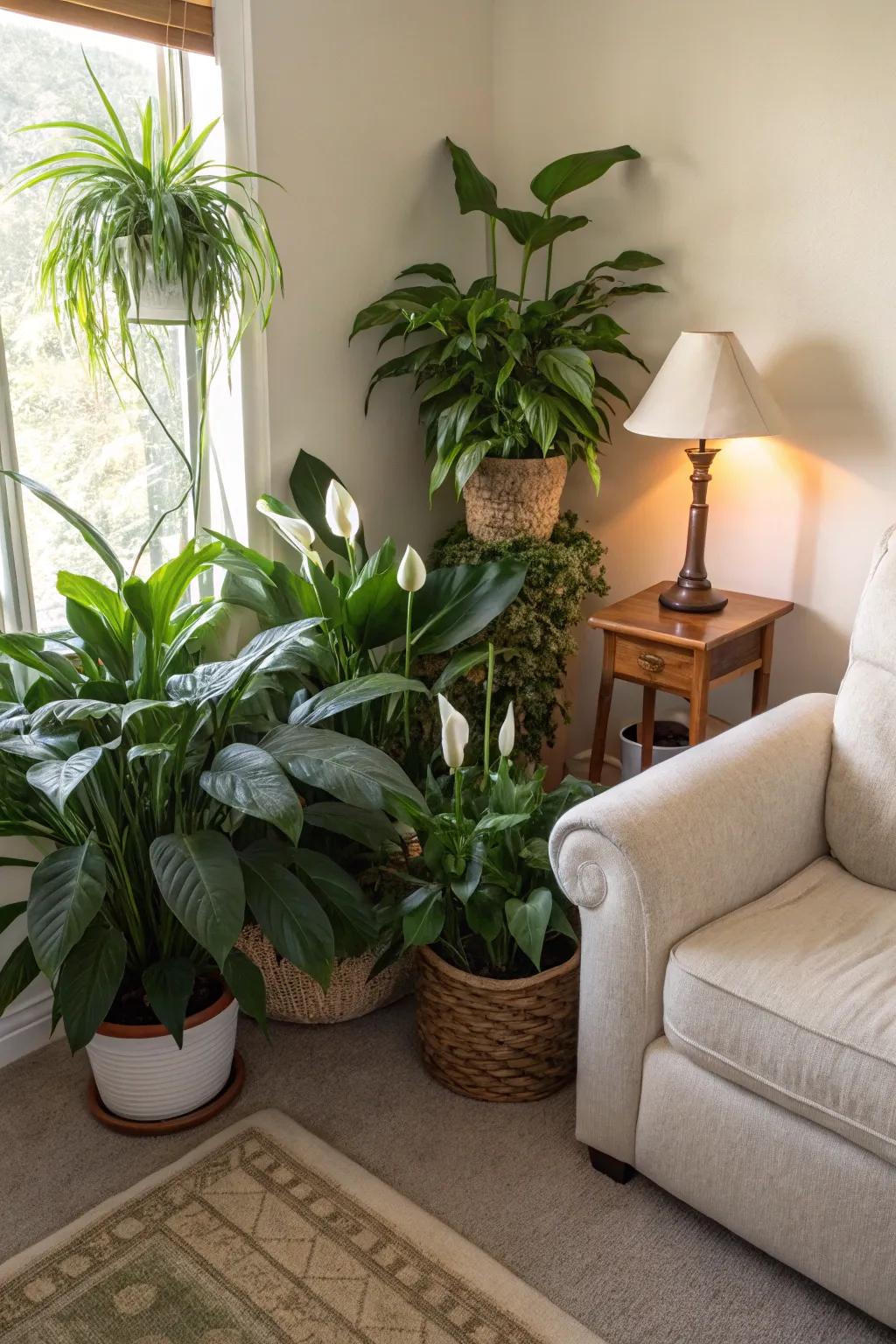 A tranquil corner rendered vibrant with a gathering of plants.