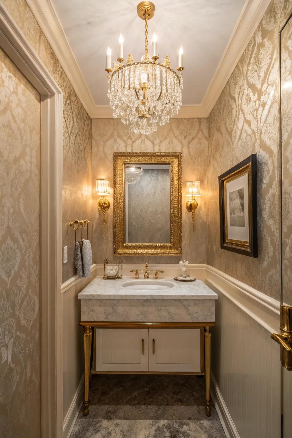 A chandelier introduces a luxurious feature to even the tiniest powder room.