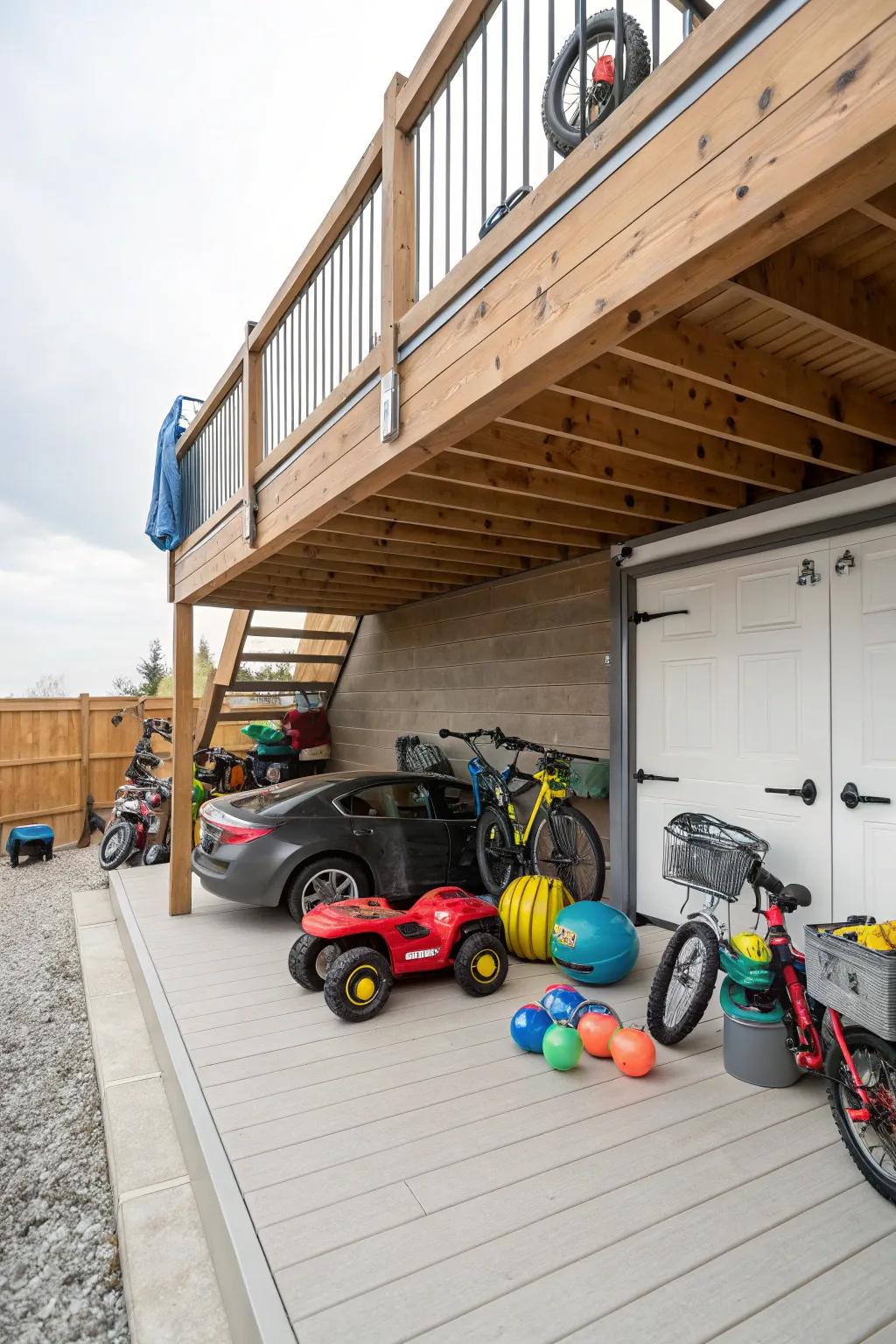 Using under-deck space for hidden electric ride-on storage.