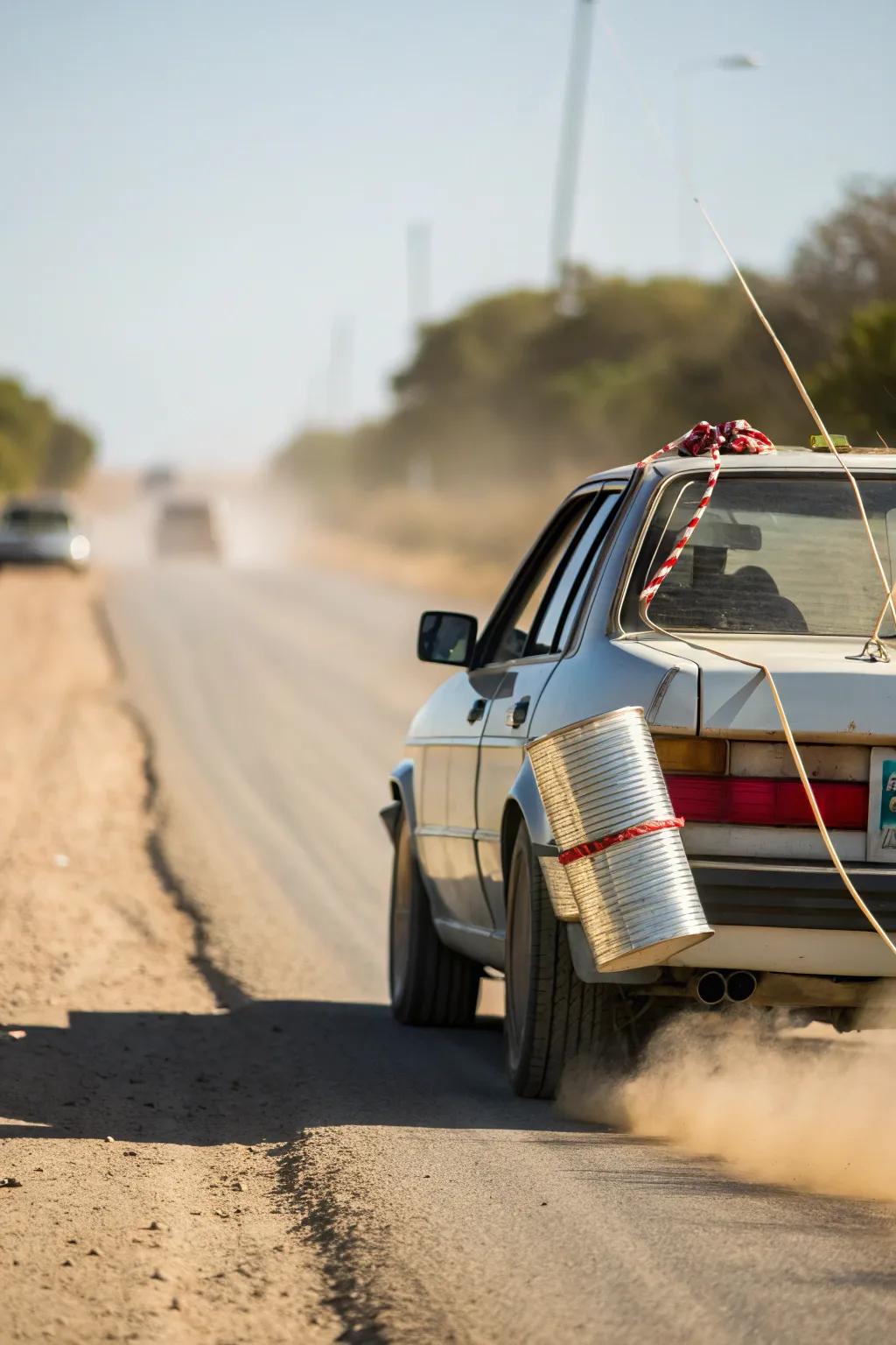 Metal cans trailing behind, a classic and charming tradition.
