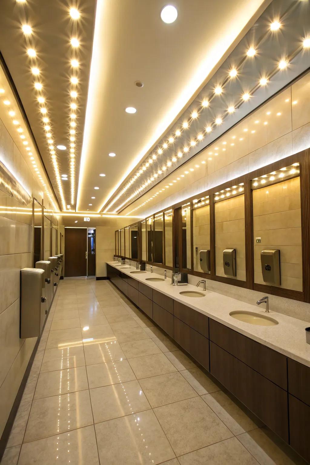 Thoughtful lighting in a shared restroom enhances atmosphere and functionality.