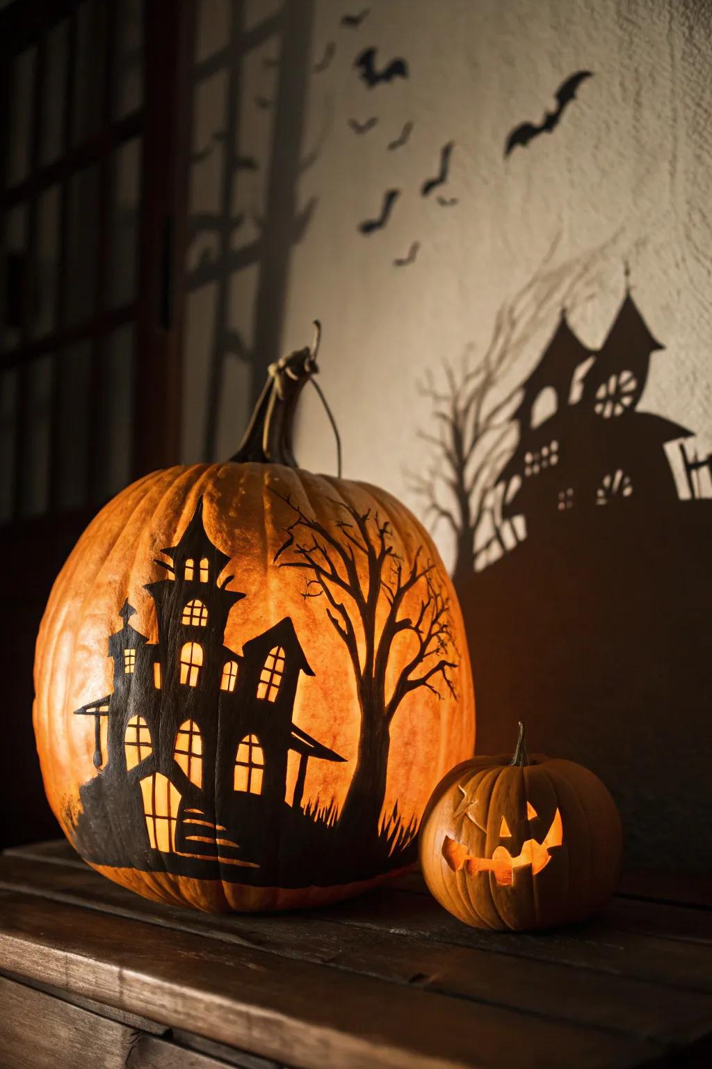Ghostly shape pumpkin projecting eerie shadows.