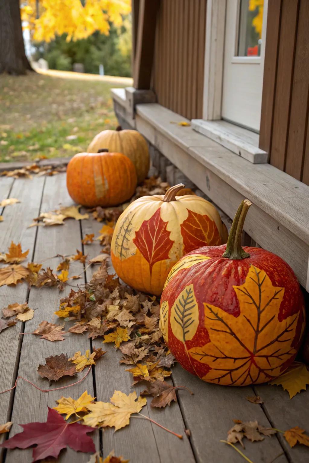 Celebrate autumn with nature-inspired foliage impressions on pumpkins.