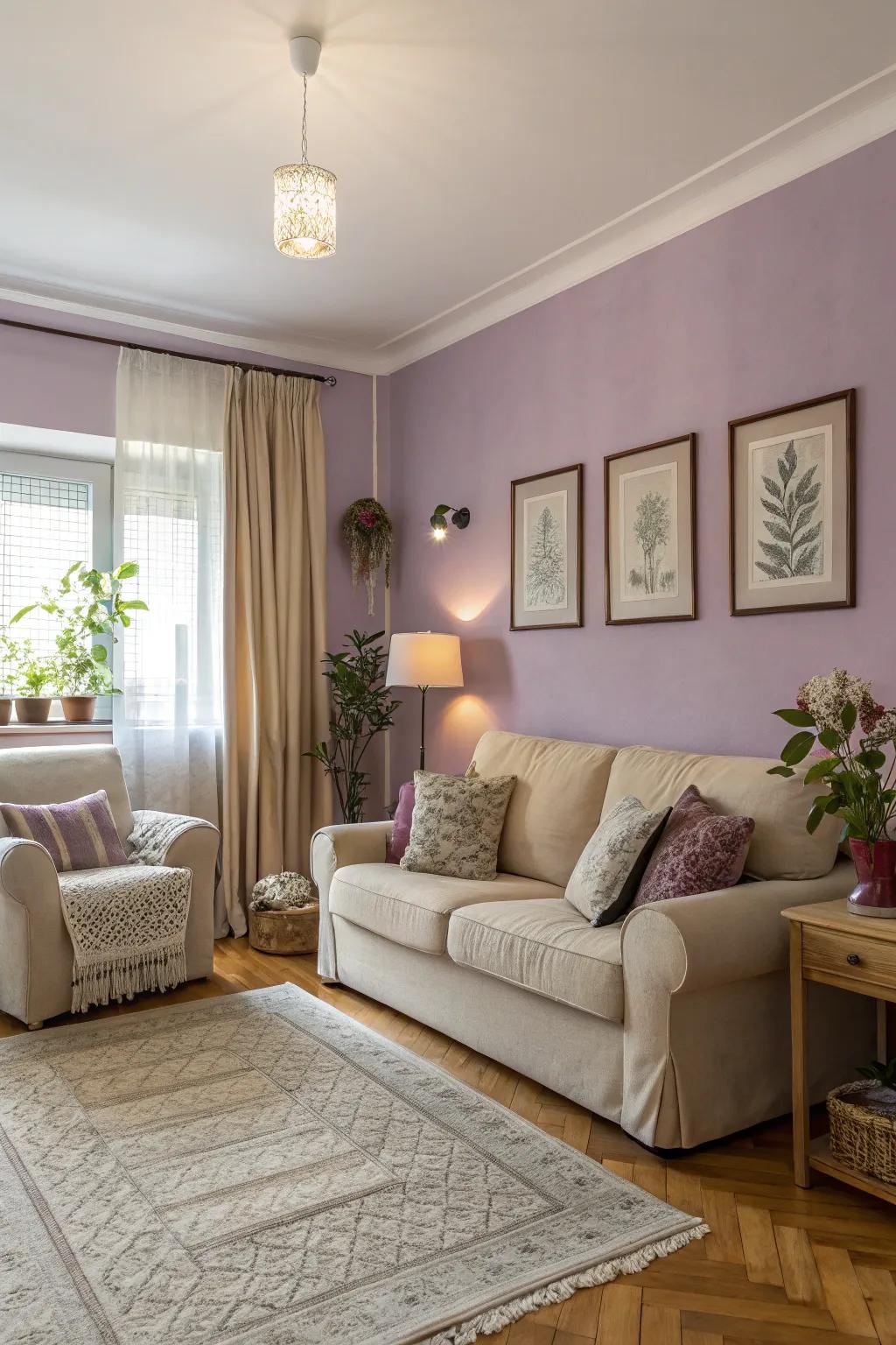 A cozy room showcasing a mauve feature wall that complements neutral decor.