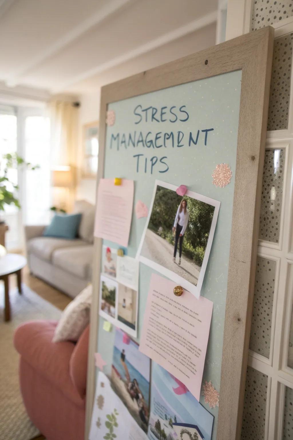 A relaxing bulletin board offering practical advice on stress reduction.