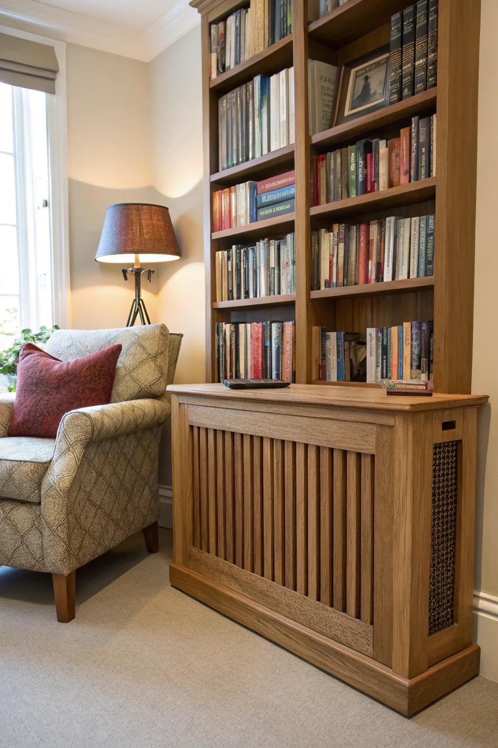A timber radiator concealment introduces a warm, natural touch to a reading nook.
