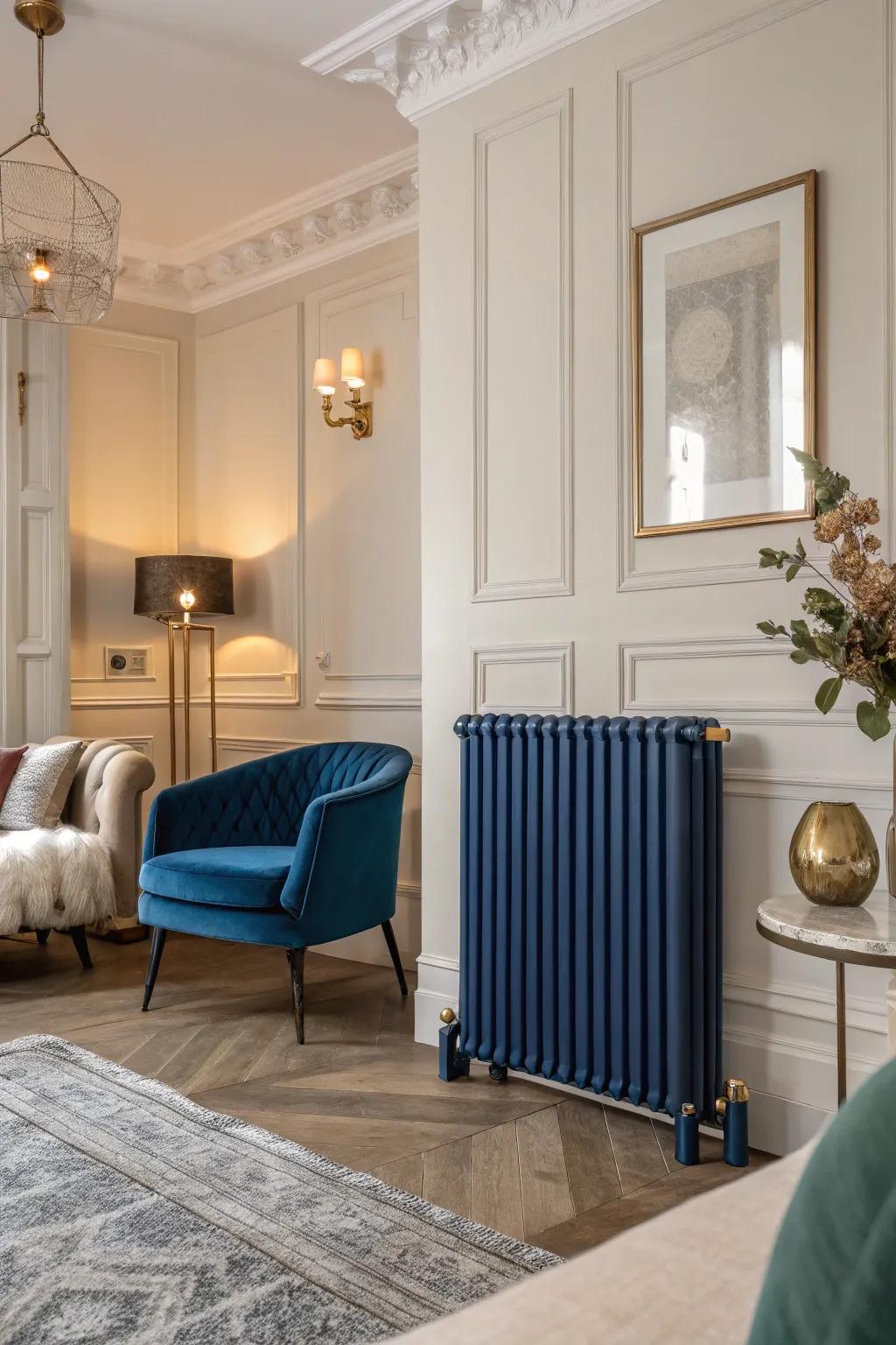A profound blue radiator introduces drama and depth.