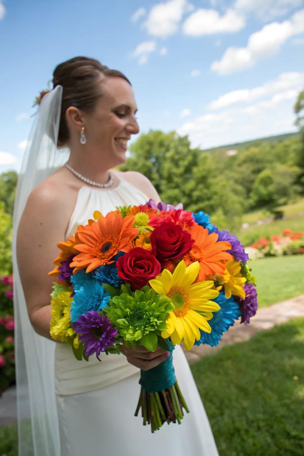 A bride holding a stunning posy in rainbow shades.