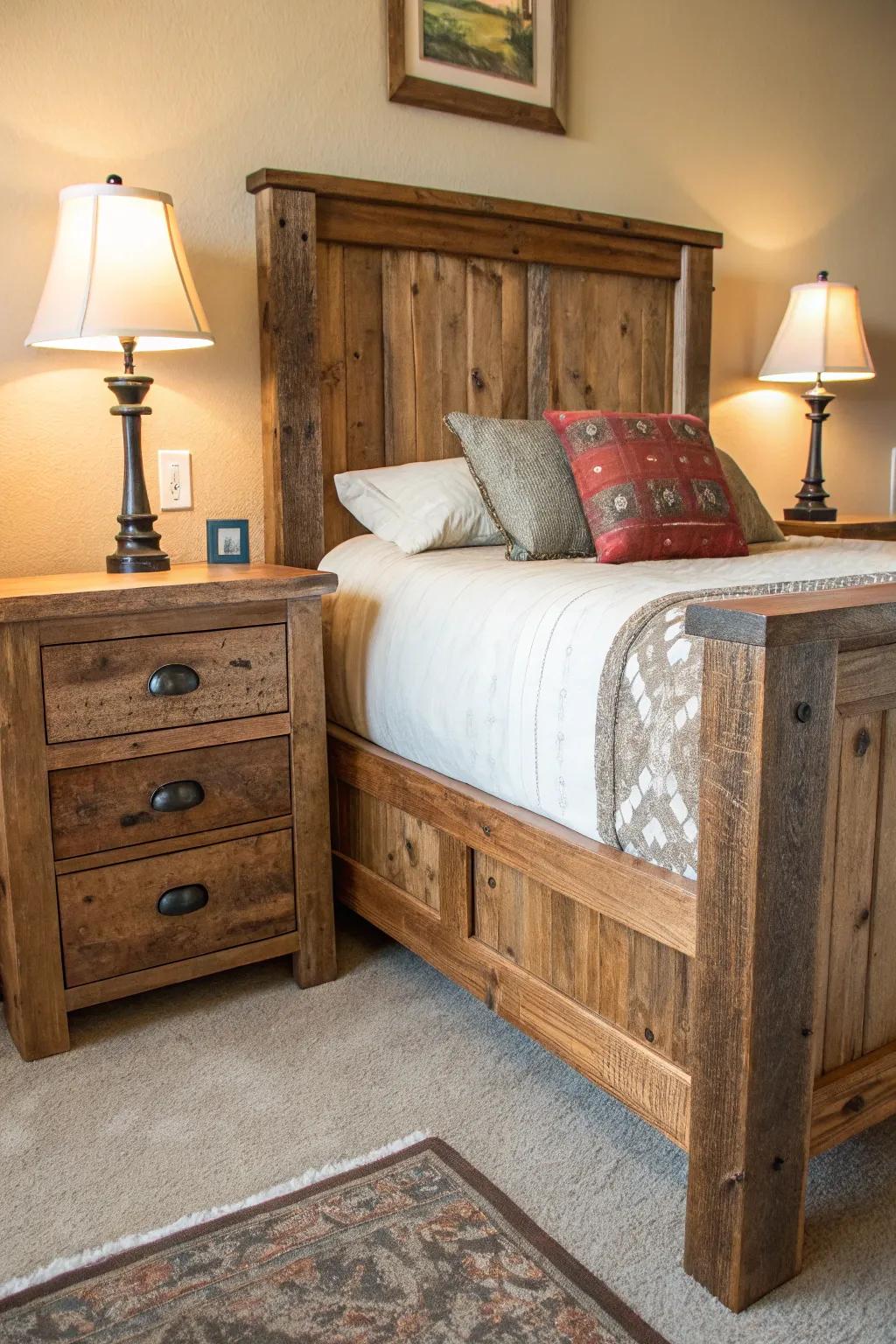 A country wood bed frame paired with matching wood bedside tables.